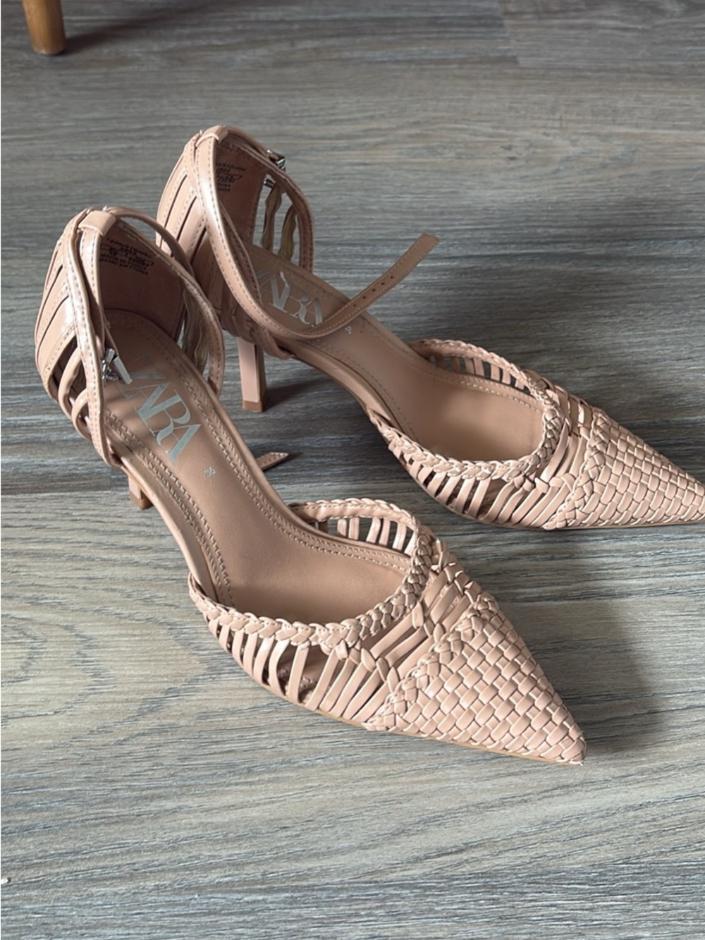 Zara Blush Woven Pointed-Toe Ankle-Strap Heels